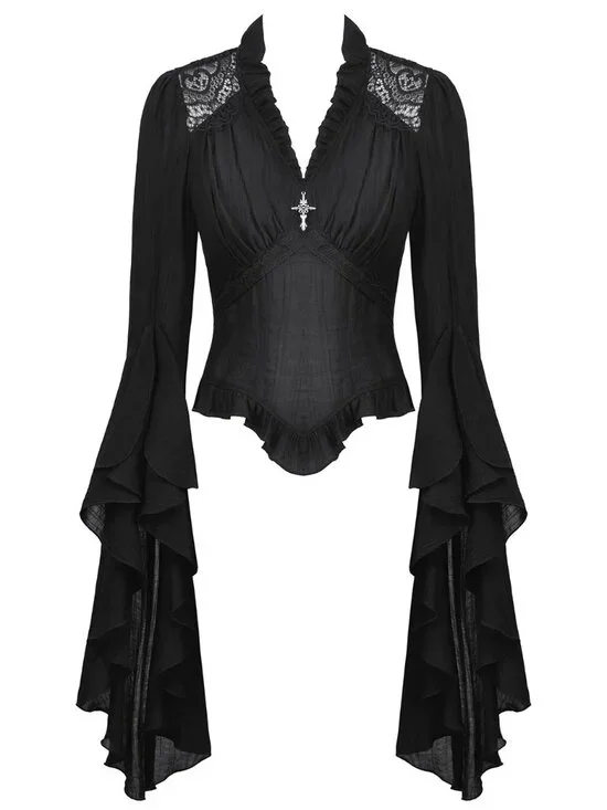 Dark in Love Big Bell Flare Sleeve Top Goth Fairy Core Ruffle Trim Top - Picture 5 of 11